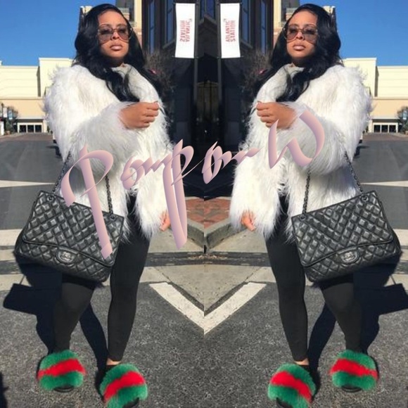 Shoes - -Handmade Green Red Luxury Fox Fur Fluffy Slide